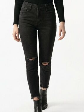 Frame Le High Skinny‎ Jeans Womens 28 Black Ripped Knee Raw Hem Distressed